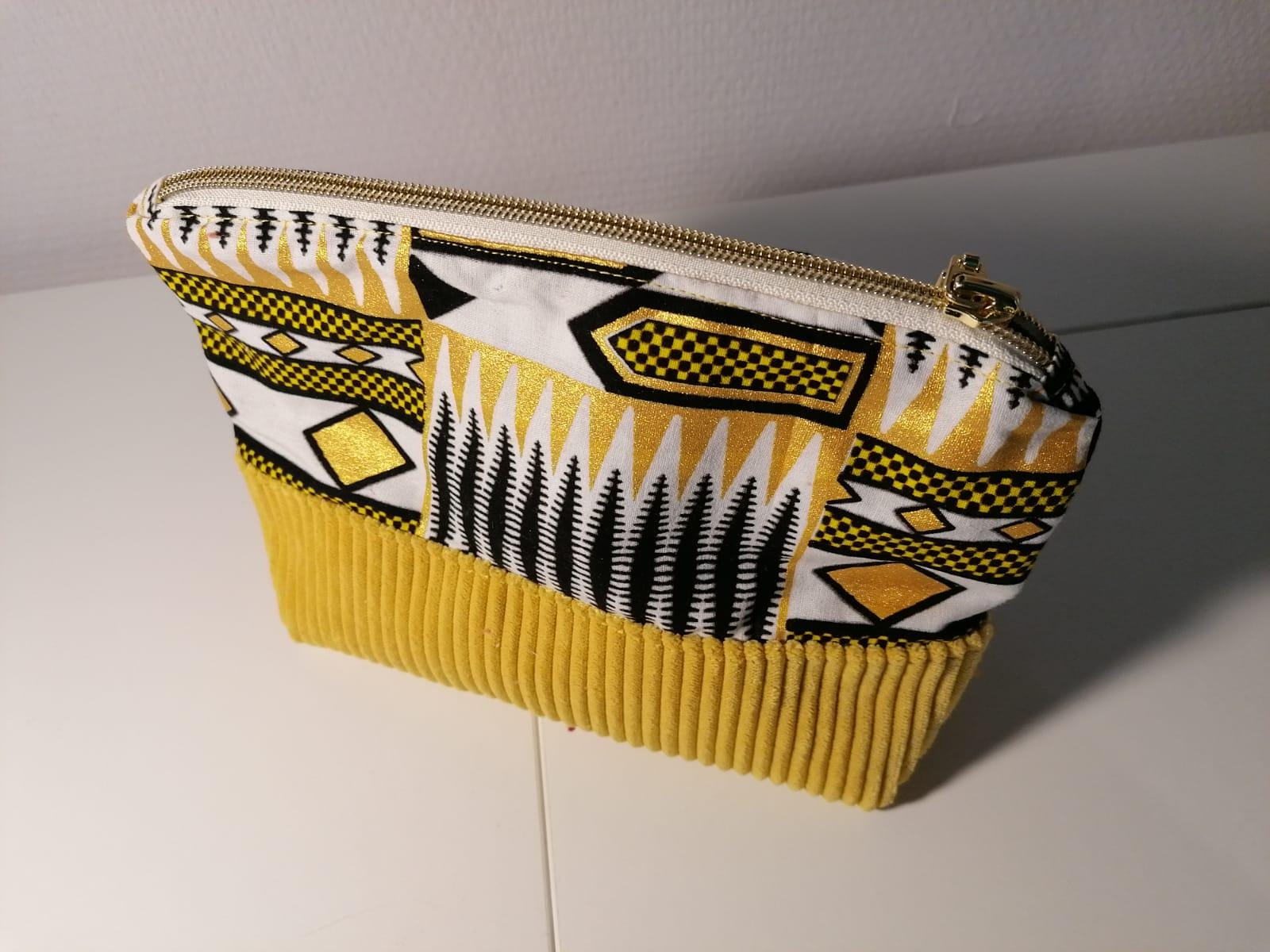 Trousse à maquillage velours jaune et Wax MINIRIS fabriquée en Gironde - France