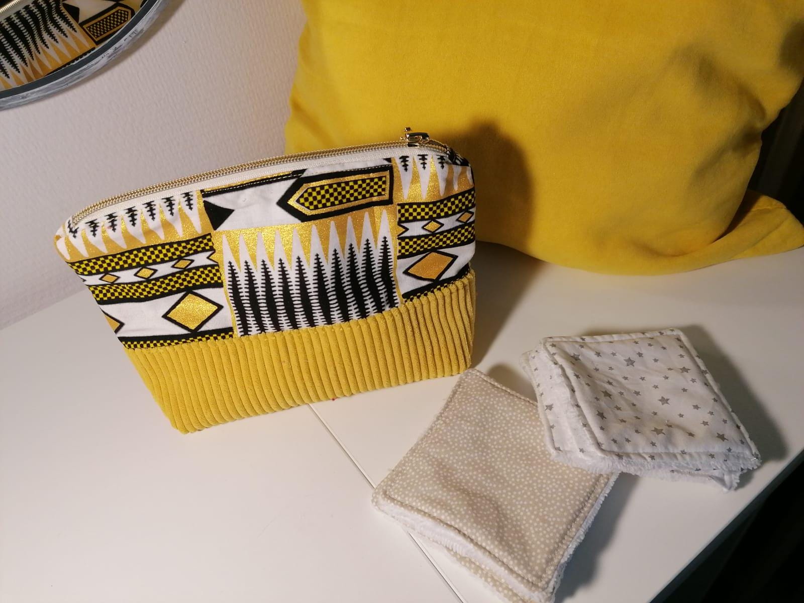 Trousse à maquillage velours jaune et Wax MINIRIS fabriquée en Gironde - France